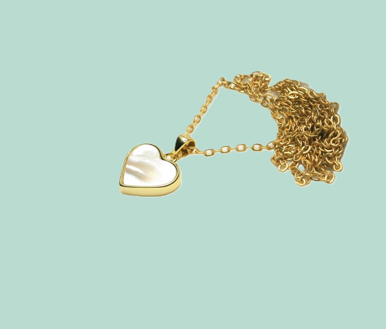 Mother of pearl heart necklace gold plated, chain with white and gold heart pendant, mother of pearl necklace image 6