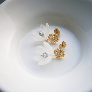 White bellflower earrings gold plated with zirconia, flower earrings, romantic earrings image 8