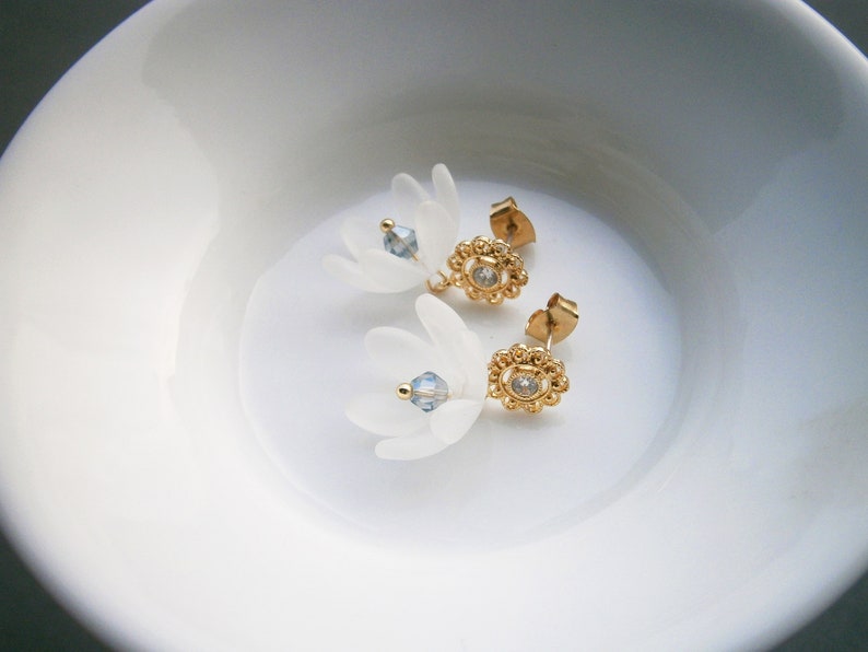 White bellflower earrings gold plated with zirconia, flower earrings, romantic earrings image 8