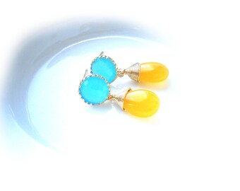 Boucles d'oreilles en cristal bleu plaqué or avec pendentifs en jade jaune, boucles d'oreilles en pierres précieuses