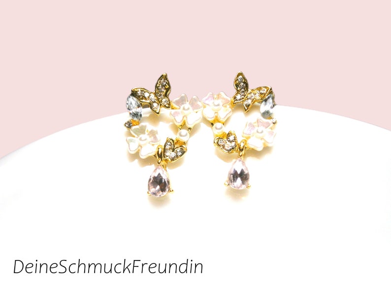 Earrings with white-pink shimmering flowers and crystal drop pendants, gold-plated silver 925 earrings image 2