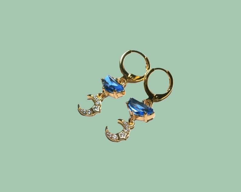 Moon star earrings with blue crystal, gold plated crescent moon earrings image 1