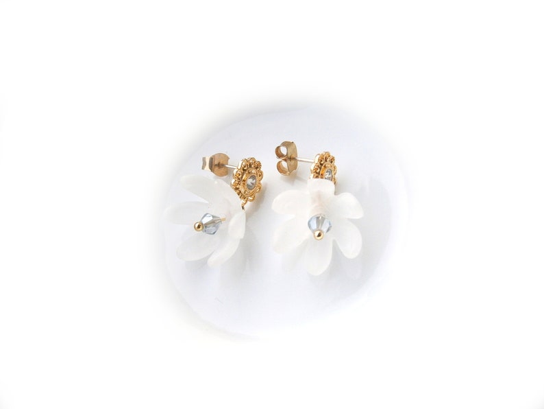 White bellflower earrings gold plated with zirconia, flower earrings, romantic earrings image 9