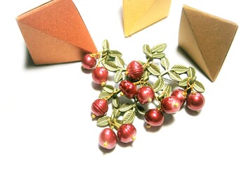 Branch brooch with red pearls and leaves, lingonberry branch pin, pearl brooch