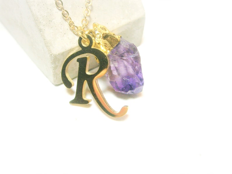 Personalized necklace amethyst raw stone pendant chain letter gold plated