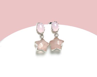 Sterling silver 925 earrings with pink crystals and rose quartz star pendant: Gemstone drop earrings
