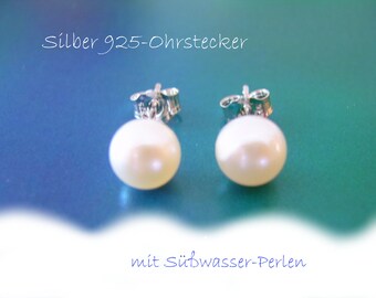 White Pearl Earrings 925 Sterling Silver, Real Freshwater Cultured Pearl Stud Earrings