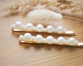 Goldene Haarspangen mit weißen Perlen, vergoldete Haarklammern, Braut Haarschmuck Hochzeit, ein Paar, zwei Stück, Set