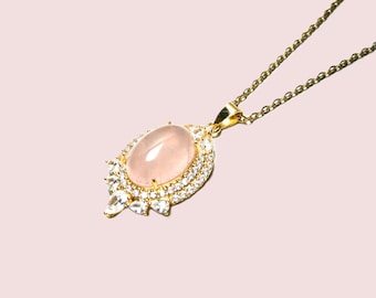 Necklace with rose quartz pendant: Gold-plated stainless steel chain with pink gemstone and clear cubic zirconia, drop, oval or round