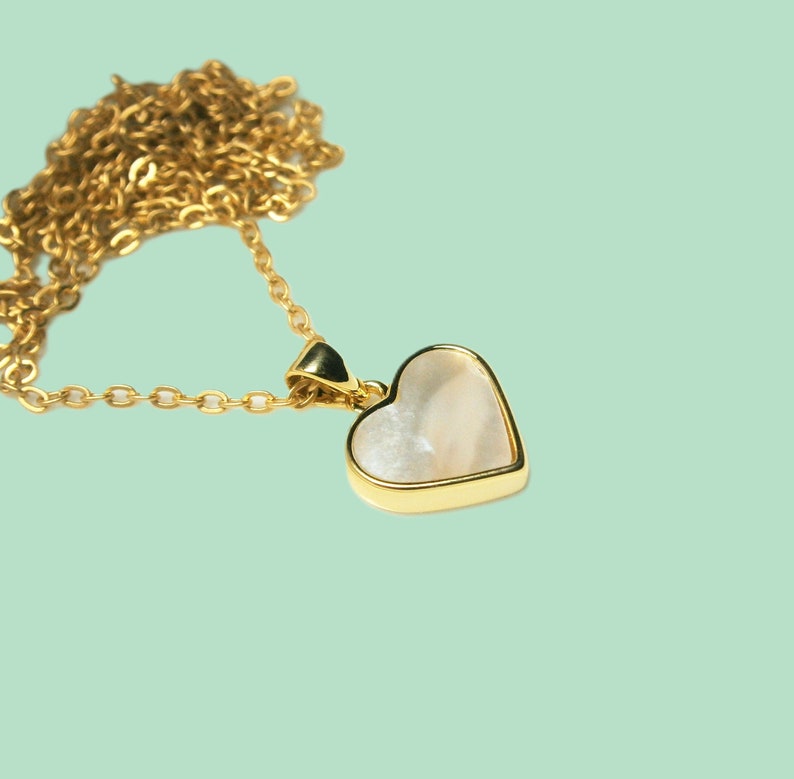 Mother of pearl heart necklace gold plated, chain with white and gold heart pendant, mother of pearl necklace image 9