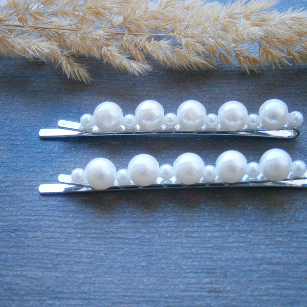 Silberne Haarspangen mit weißen Perlen, Haarklammern, Braut Haarschmuck Hochzeit, ein Paar, zwei Stück, Set