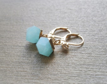 Aquamarine raw stone earrings, gold plated earrings with zirconia, blue gemstone earrings