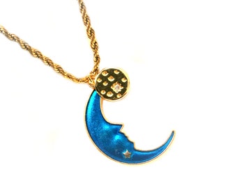 Collier croissant de lune bleu, collier de lune plaqué or, croissant de lune émaillé bleu, collier de lune