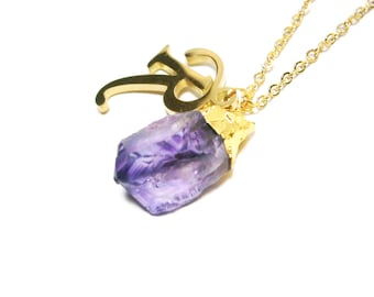 Personalized Amethyst Raw Stone Necklace with Gold Plated Letter Pendant, Crystal Necklace, February Birthstone Necklace