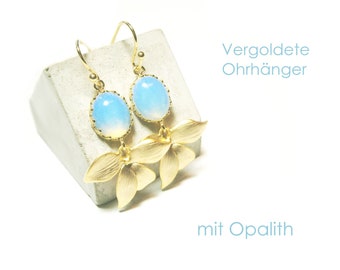 Moonstone earrings gold plated, orchid flower earrings, synth. stone