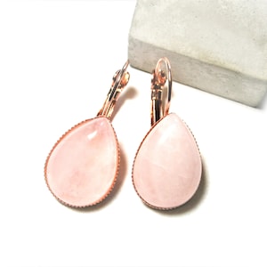 Rose quartz earrings rose gold plated, pink natural stone drop earrings, rose quartz earrings