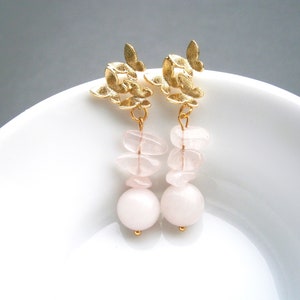 Earrings silver 925 gold plated with butterflies and rose quartz pendants, gemstone drop earrings, pink natural stone earrings image 1