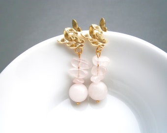 Earrings silver 925 gold plated with butterflies and rose quartz pendants, gemstone drop earrings, pink natural stone earrings