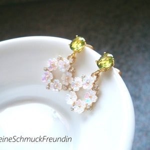 Green peridot earrings with white-pink shimmering cherry blossom pendants, gold-plated silver 925 earrings image 2