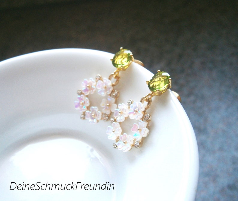 Green peridot earrings with white-pink shimmering cherry blossom pendants, gold-plated silver 925 earrings image 2