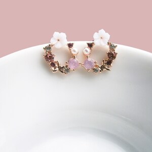 Earrings flowers wreath with pearl, crystal and zirconia Flower stud earrings silver 925 rose gold plated image 7