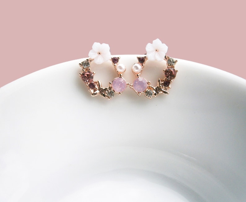 Earrings flowers wreath with pearl, crystal and zirconia Flower stud earrings silver 925 rose gold plated image 7