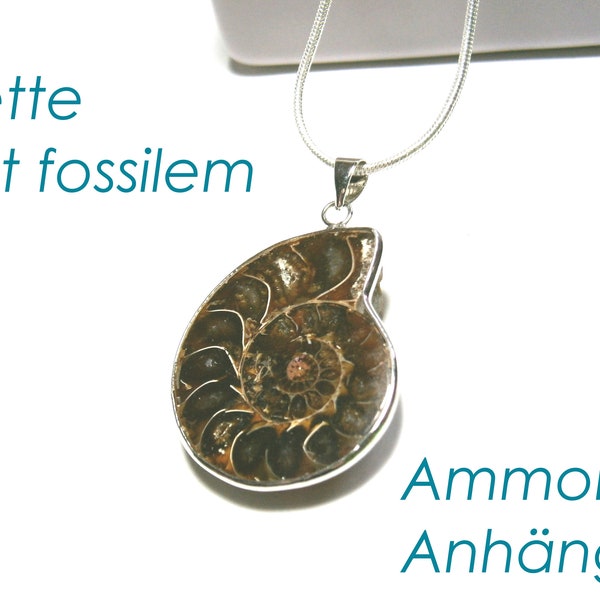 Ammonite necklace, ammonite chain, silver plated chain, pendant fossil shell, snail, real fossil