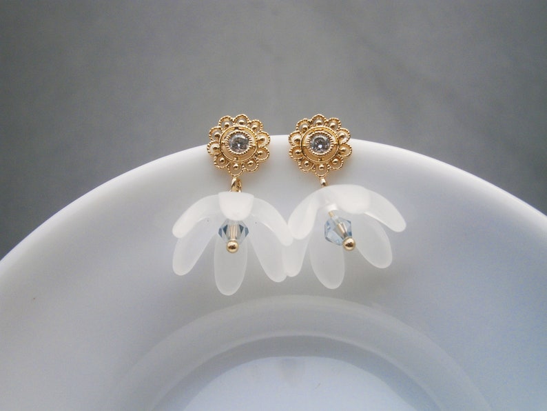 White bellflower earrings gold plated with zirconia, flower earrings, romantic earrings image 5