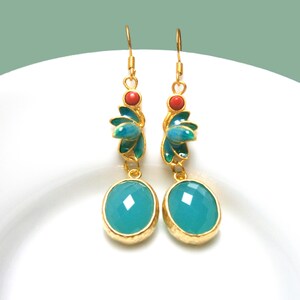 Green jade earrings with enamel leaves and red coral stones, matt gold-plated silver 925 earrings, sterling silver image 2