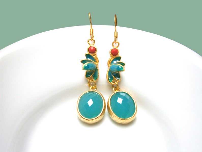 Green jade earrings with enamel leaves and red coral stones, matt gold-plated silver 925 earrings, sterling silver image 2