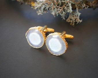 Cufflinks with agate, gemstone cufflinks, gold plated, real natural stone, white-grey