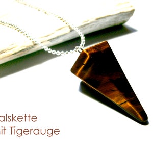 Tiger eye necklace, silver plated chain with brown gemstone pendulum pendant, brown natural stone chain