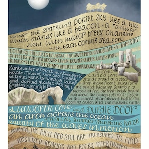 Dorset Art Print met mijn originele poëzie. Jurassic Coast, Durdle Door, Lyme Regis, Corfe Castle, Colmers Hill, Charmouth, fossielen.