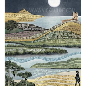 Devon, stampa artistica di un'illustrazione disegnata a mano con una mia poesia originale. Exmoor, Verity, Ilfracombe, Dartmouth, fiume Dart, Dartmoor
