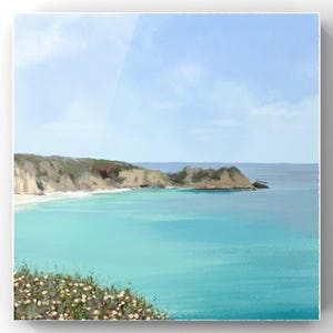 Porthcurno dal Minack Theatre, Cornovaglia settentrionale. Stampa artistica giclée di un dipinto originale, 25x25 cm.