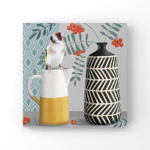 Still Life - Goldfinch and Rowan Berries, Contemporary Still Life, Birds, Pottery and Flowers Painting, Giclee Print of Goldfinch.