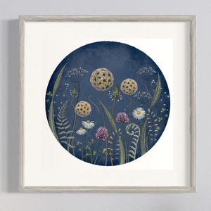 Botanical Art Print in Dark Blue, Botanical Illustration Print, Flowers Wall Art