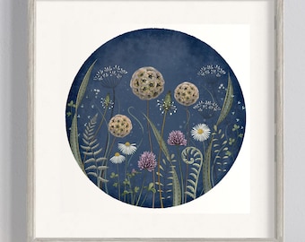 Dark Blue Botanical Art Print, Floral Illustration