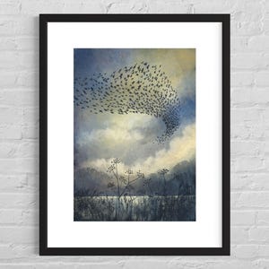 Art print of starlings over reed beds from a painting of a murmuration of birds at dusk over a lake. Birds in flight painted in calm colours