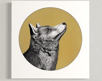Fuchs-Kunstdruck, gelber Kreis, Füllfederhalterzeichnung