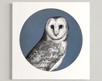 Kunstdruck einer Schleiereule, Federzeichnung, blaue Wanddekoration