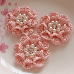 3 Crochet  Flowers With Pearl And Rhinestone In 2 inches YH -312-04