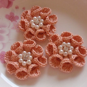 3 Crochet  Flowers With Pearl And Rhinestone In 2 inches YH -312-09
