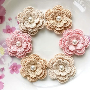 6 flores de crochê com pérolas em creme, rosa Lt, leitelho YH-299-01