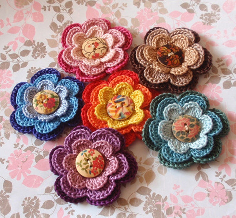 8 Crochet Flowers With Button In Multicolor YH-146-01 image 5