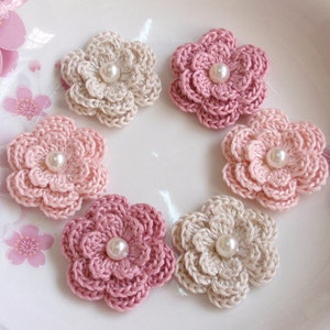 6 Crochet Flowers With Pearls In Cream, Lt pink, Peony YH-011-56