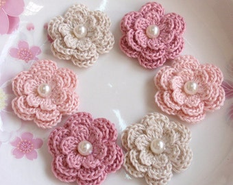 6 Crochet Flowers With Pearls In Cream, Lt pink, Peony YH-011-56