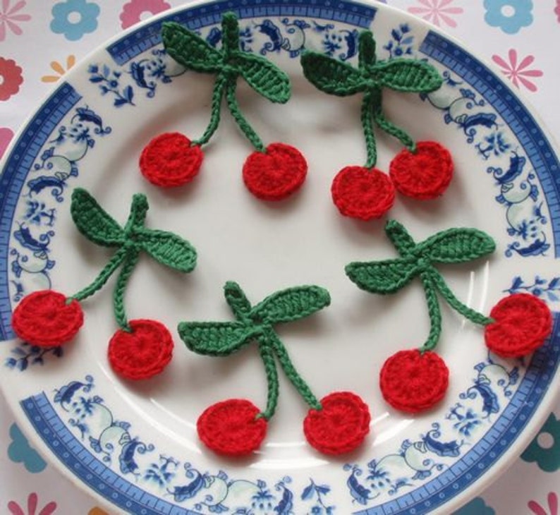 5 Crochet Cherries In Red, Green YH 041-02 image 2