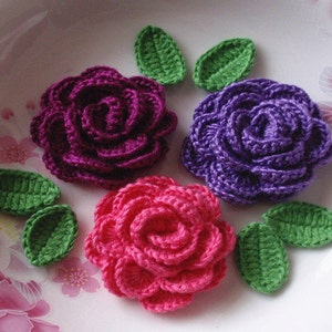 3 Crochet  Roses With Leaves YH - 138-12