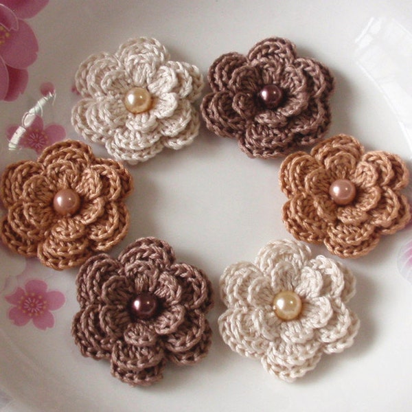 6 Crochet Flowers With Pearls In Cream, Latte, Ginger Snap YH-011-24